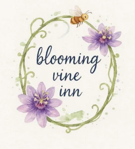 Logo for Blooming Vine Inn consisting of lowercase script surrounded by a green vine and two purple flowers with a golden bee in a watercolor style.